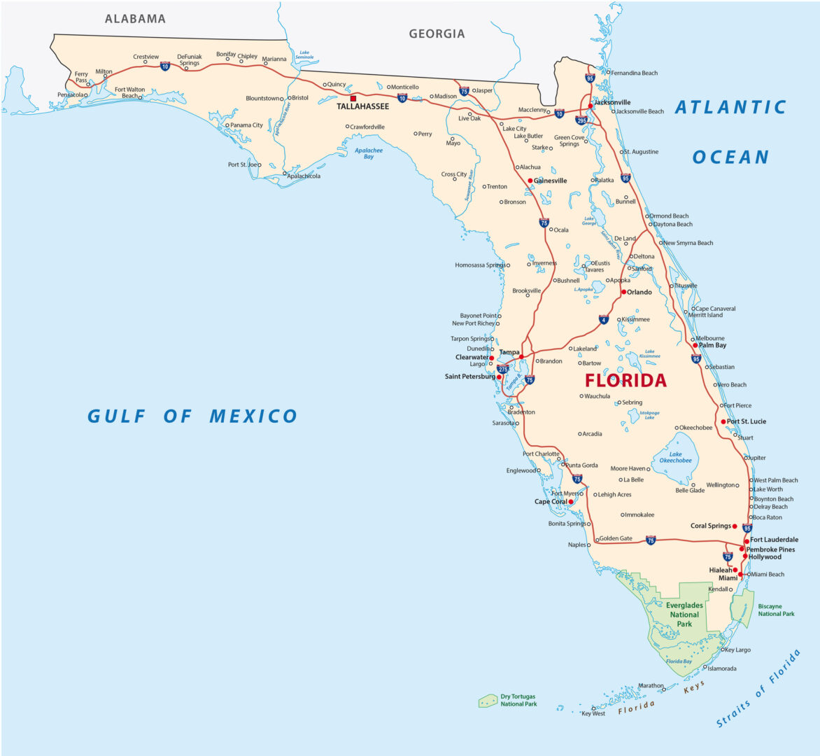 Florida-Karte mit Städten, Stränden und Nationalparks