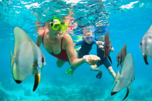Familie beim Schnorcheln zwischen tropischen Fischen im klaren Wasser auf Hawaii
