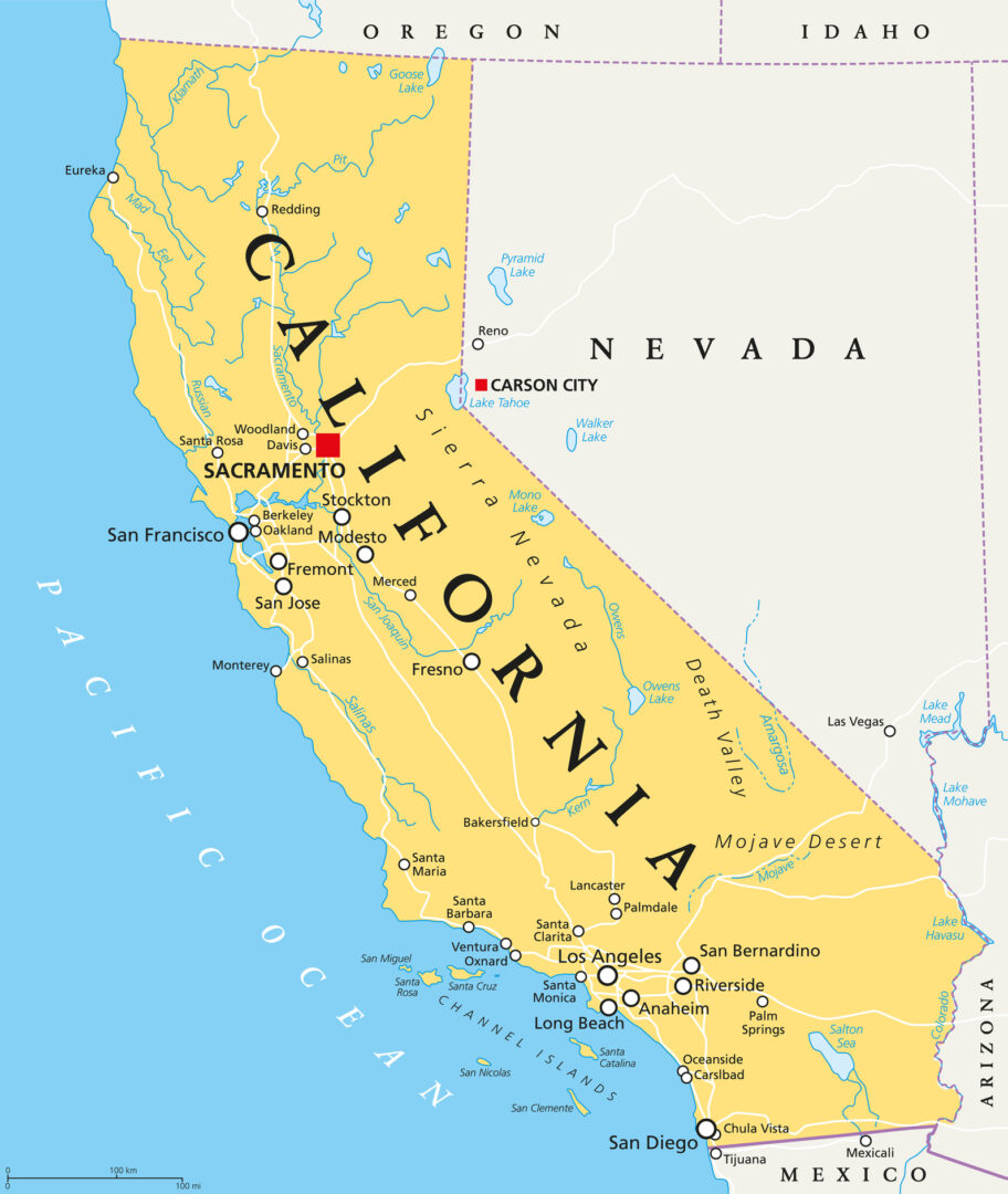 Karte von Kalifornien mit Städten, Sierra Nevada, Death Valley und Lage am Pazifik