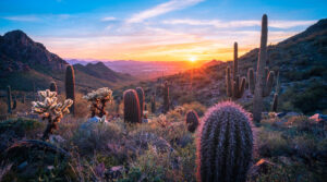 Saguaro- und Cholla-Kakteen bei Sonnenuntergang in der Sonora-Wüste mit Blick Richtung Scottsdale in Arizona.