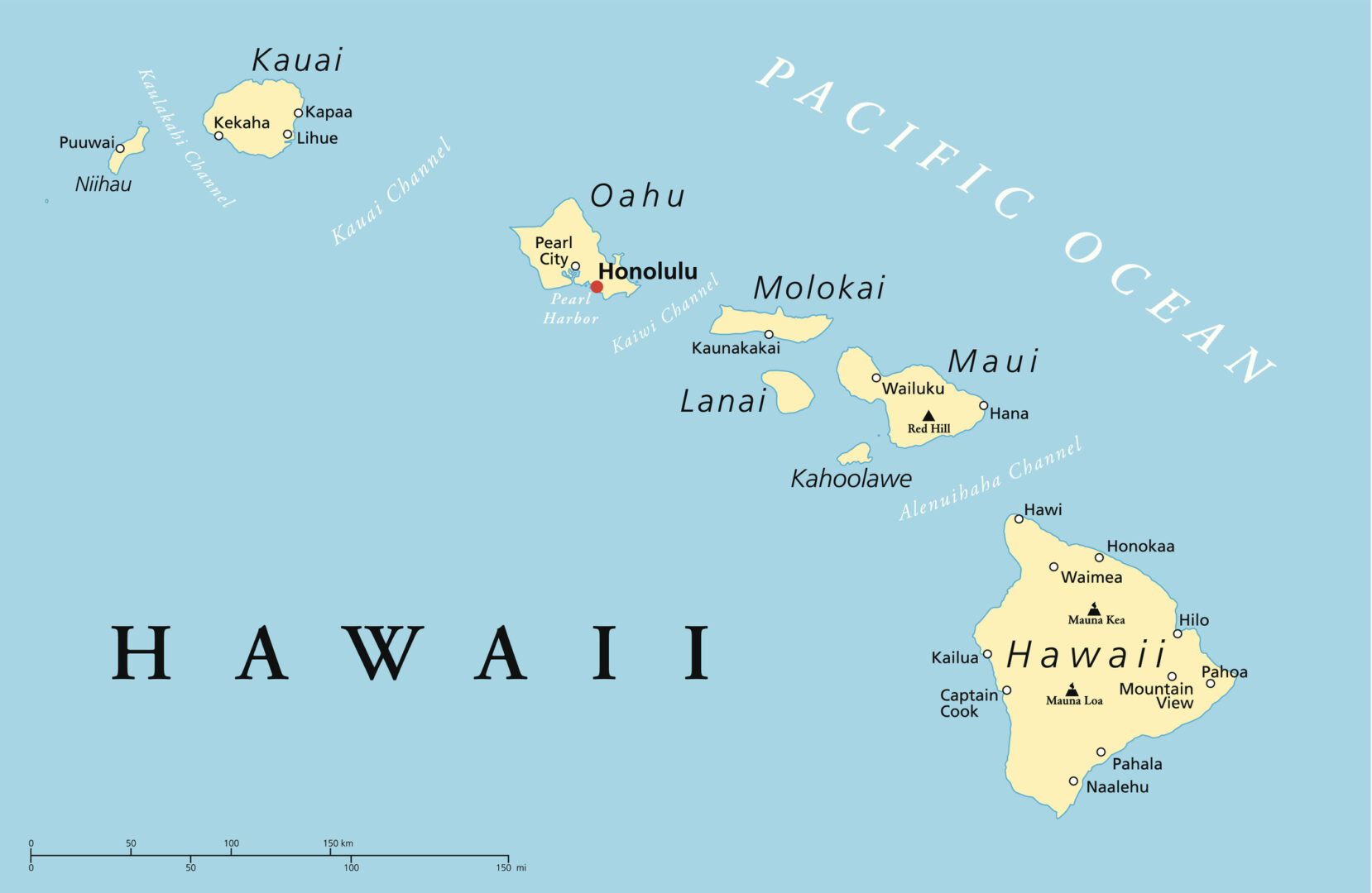 Karte der Hawaii-Inseln mit Niʻihau, Kauaʻi, Oʻahu, Molokaʻi, Lānaʻi, Maui, Kahoʻolawe und Hawaiʻi Island; Honolulu liegt auf Oʻahu