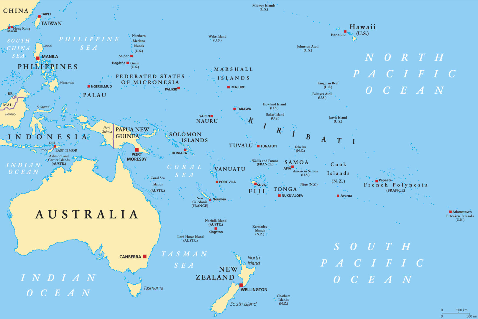 Übersichtskarte des Pazifiks mit der Lage von Hawaii im Nordpazifik, weit entfernt von Australien, Neuseeland und den Inselstaaten Ozeaniens