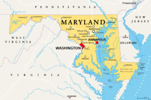 Karte von Maryland mit der Lage von Baltimore an der Chesapeake Bay nordöstlich von Washington, D. C.