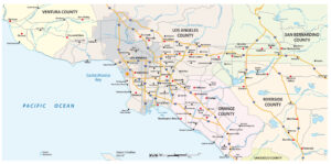 Übersichtskarte von Los Angeles County mit Santa Monica, Anaheim und umliegenden Counties