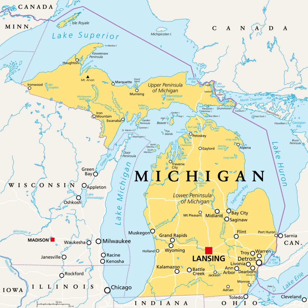 Karte von Michigan mit Lower Peninsula, Upper Peninsula und den angrenzenden Great Lakes