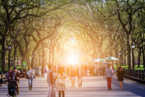 Spaziergänger auf der baumgesäumten Mall im Central Park bei warmem Sonnenlicht