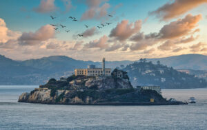 Alcatraz Island bei Abendlicht mit Vögeln über der San Francisco Bay