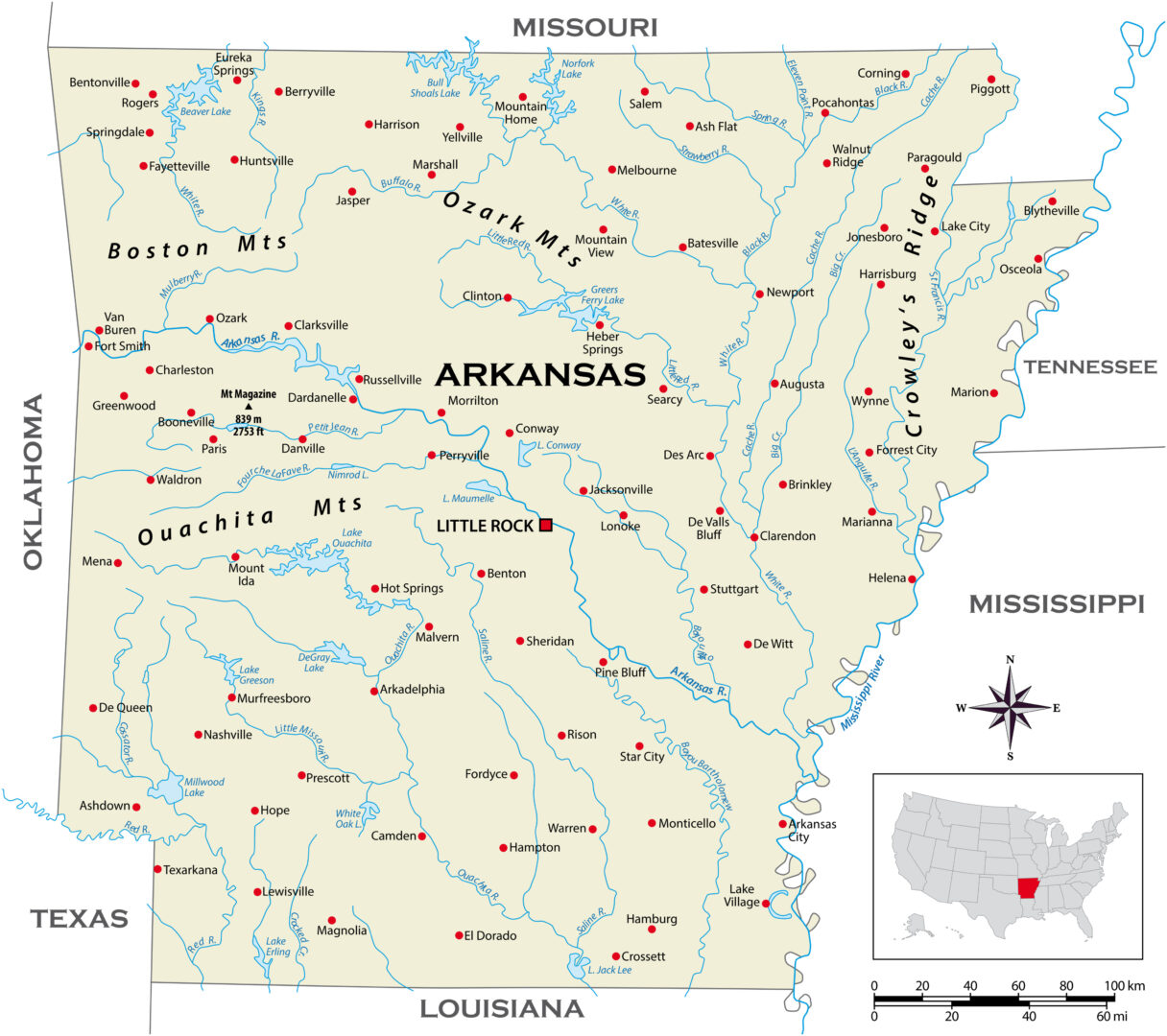 Landkarte von Arkansas mit Städten, Flüssen, Nachbarstaaten und Ozark Mountains