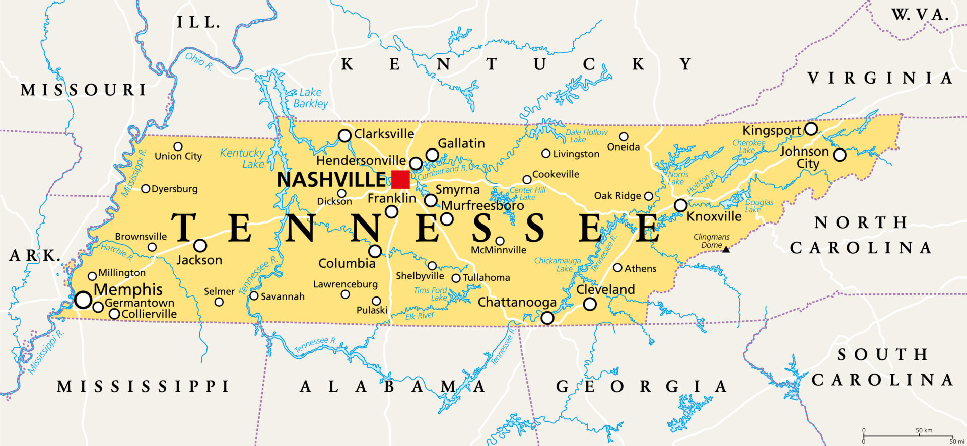 Karte von Tennessee im Südosten der USA mit Nashville, Memphis, Knoxville, Chattanooga und Nachbarstaaten