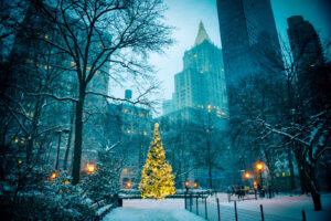 Beleuchteter Weihnachtsbaum in einem verschneiten Park in New York