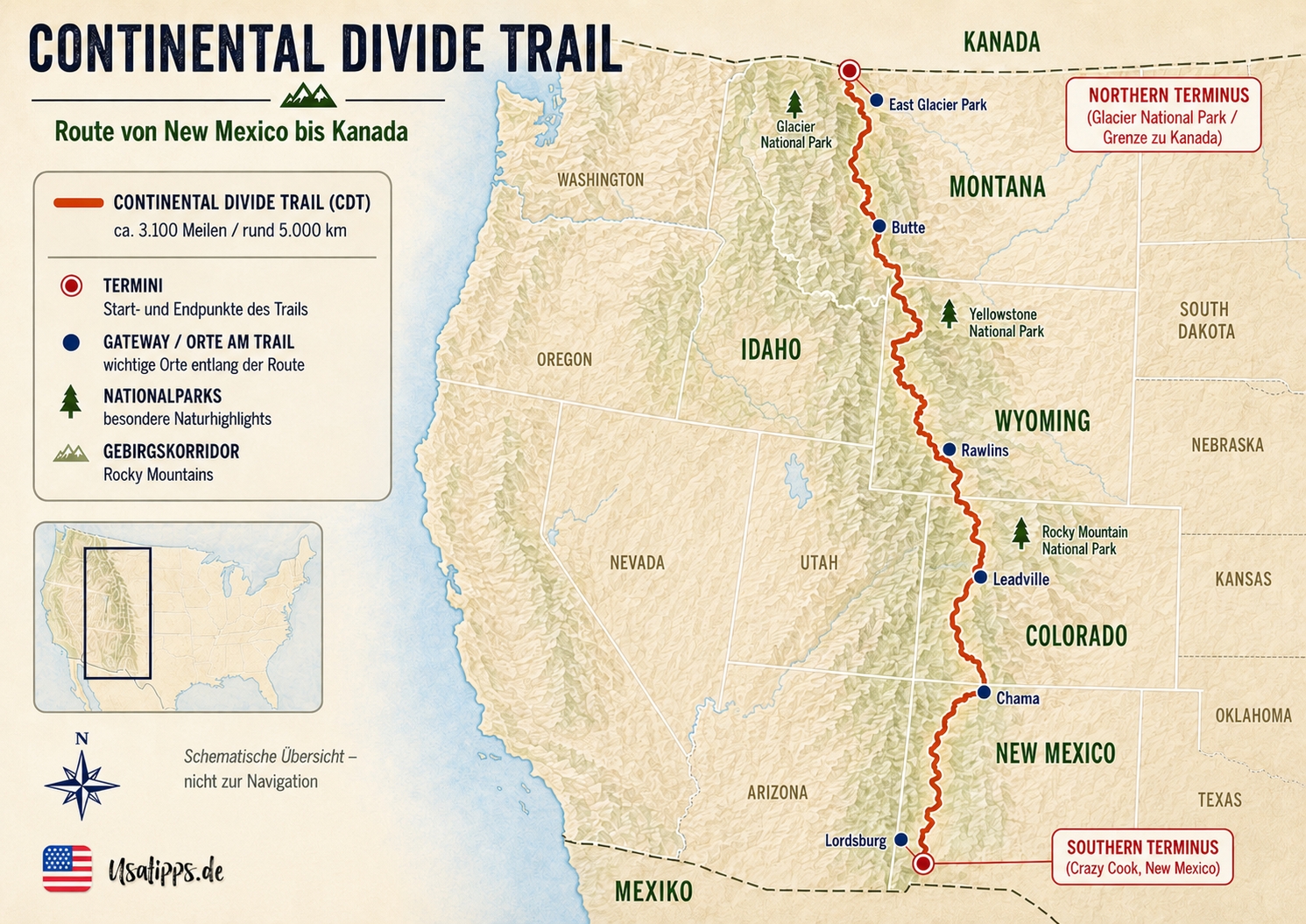 Schematische Übersichtskarte des Continental Divide Trail von New Mexico bis zur Grenze zu Kanada