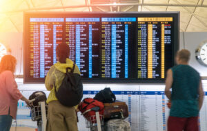 Reisende mit Gepäck prüfen Flugzeiten auf einer digitalen Anzeigetafel im Flughafenterminal.