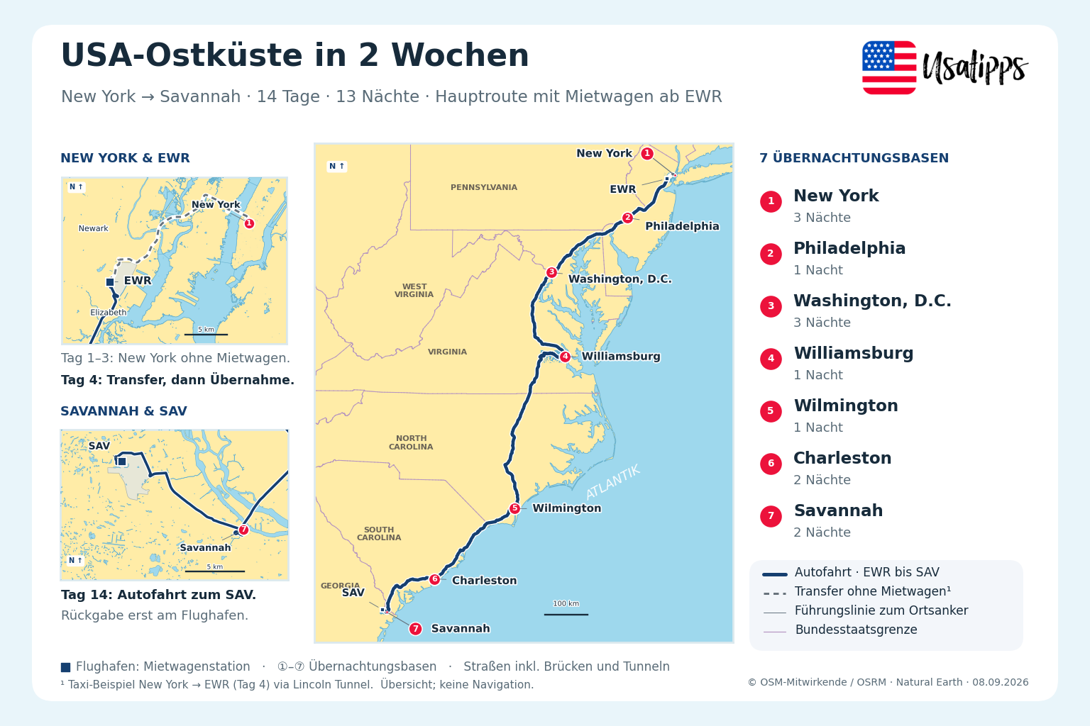 Karte der 14-tägigen Ostküstenroute von New York über Philadelphia, Washington, Williamsburg, Wilmington und Charleston bis Savannah mit EWR und SAV