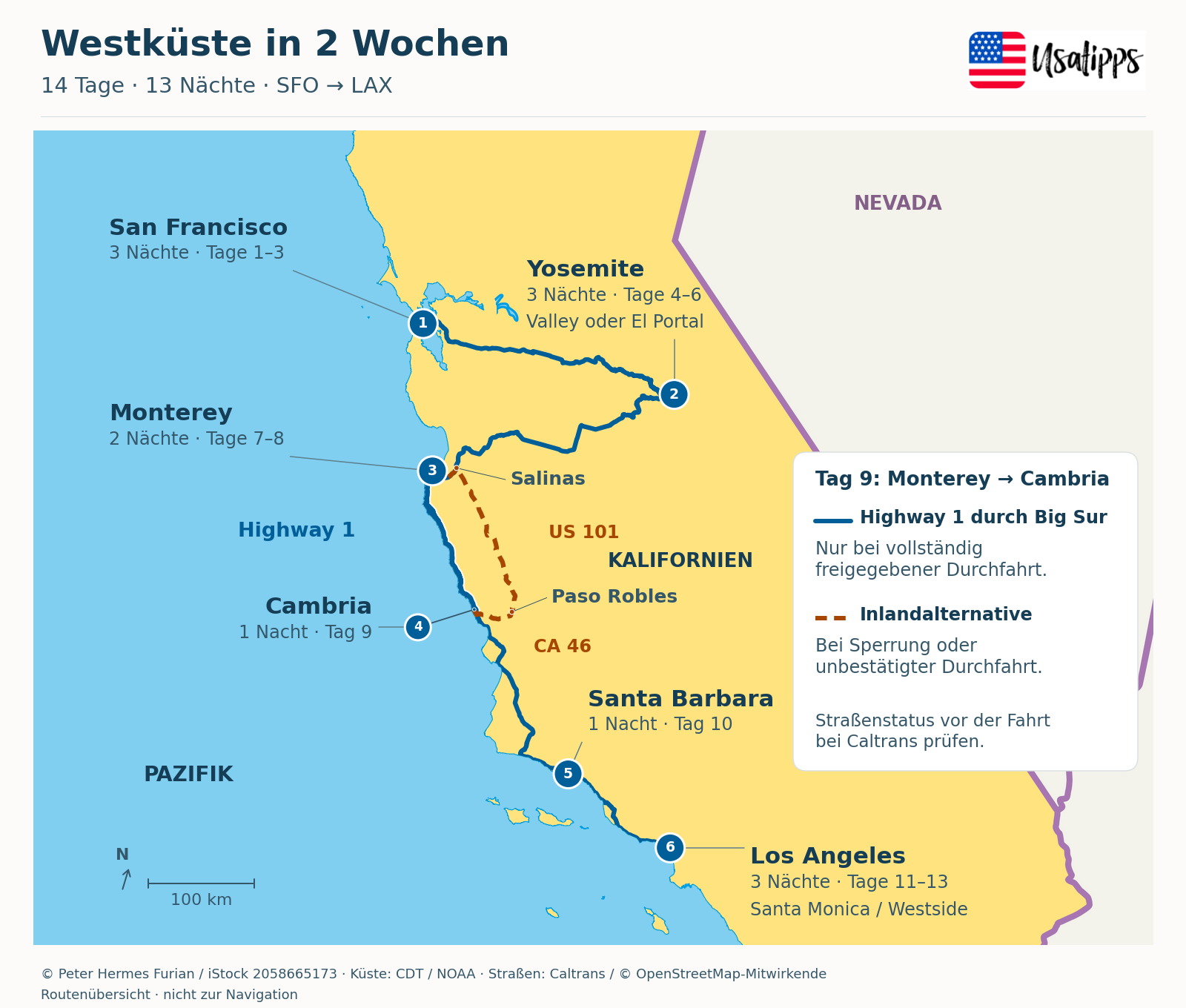 Karte der 14-tägigen Kalifornien-Rundreise von San Francisco über Yosemite und die Pazifikküste nach Los Angeles