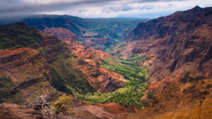 Rote Felswände und grüne Vegetation im Waimea Canyon auf Kauaʻi